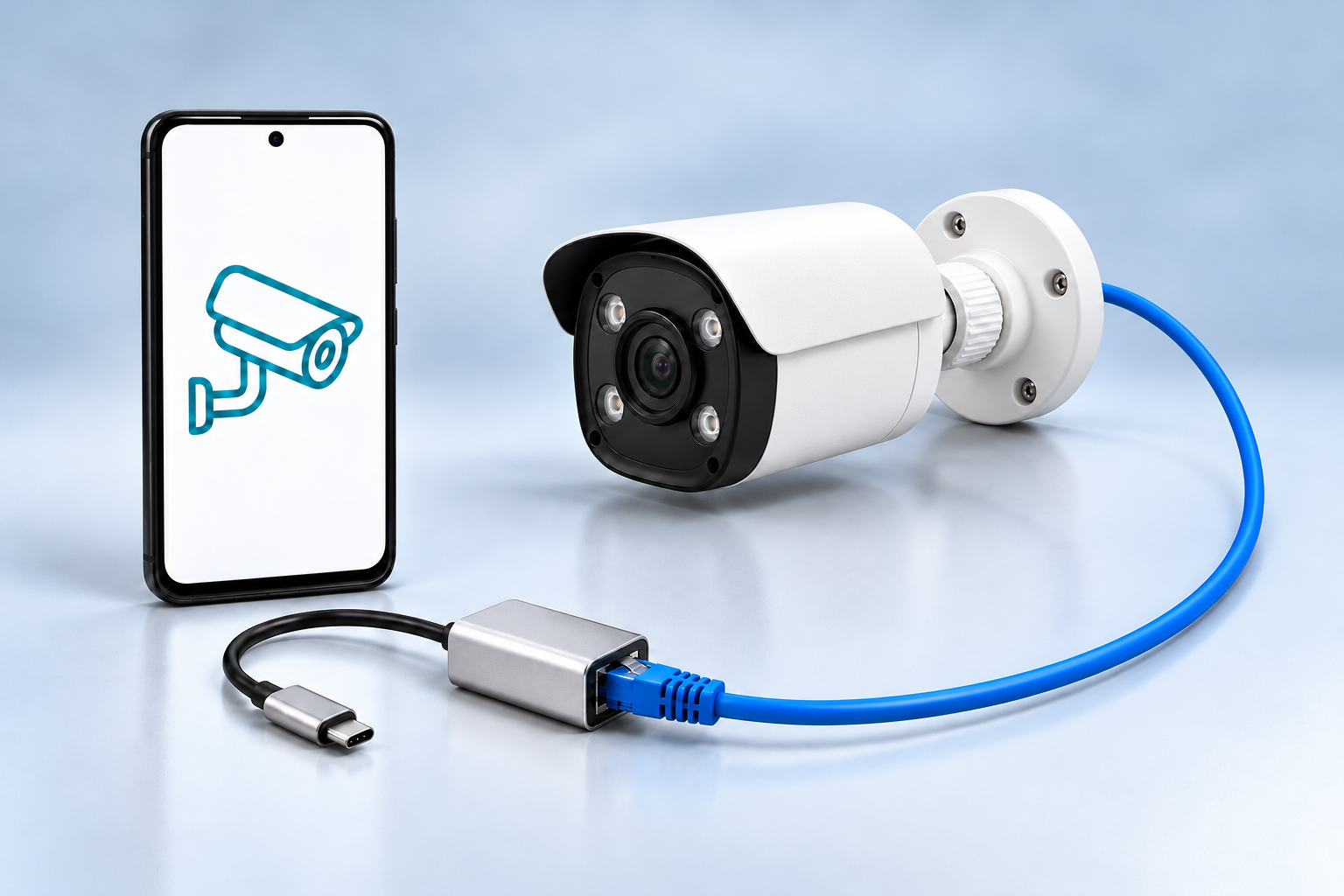 Hình minh họa điện thoại Android, adapter USB-C Ethernet và camera IP